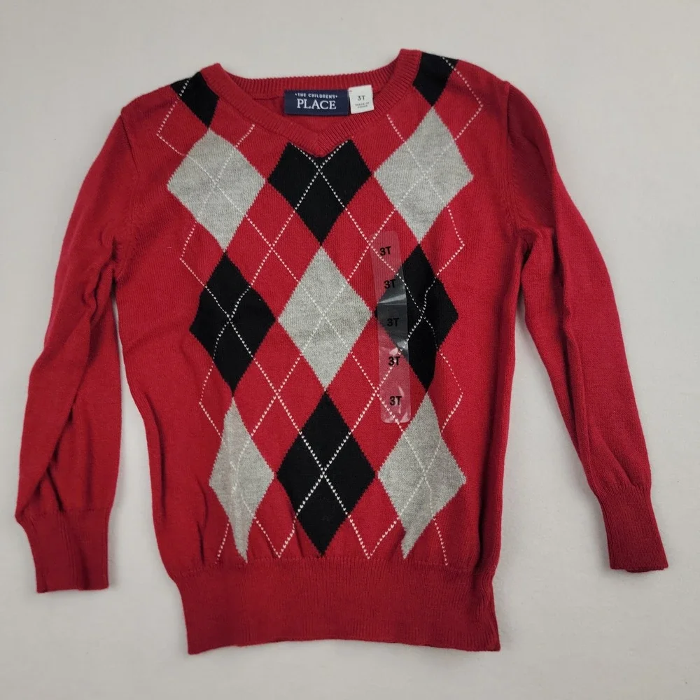 The Children's Place Kids Red Argyle V-Neck Long Sleeve Knit Sweater 3T